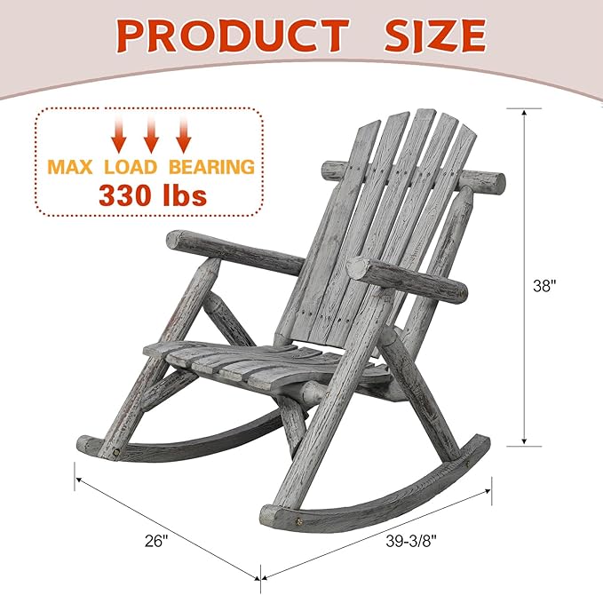 Wooden Rocking Chair Outdoor, Ergonomic High Back Patio Rocking Chairs, Porch Rocker for Backyard/Lawn/Patio/Garden/Balcony/FirePit/Indoor (Light Gray)