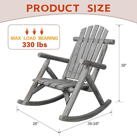 Wooden Rocking Chair Outdoor, Ergonomic High Back Patio Rocking Chairs, Porch Rocker for Backyard/Lawn/Patio/Garden/Balcony/FirePit/Indoor (Light Gray)