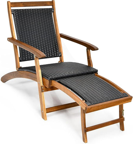 COSTWAY Patio Folding Rattan Lounge Chair, Acacia Solid Wood Frame, Low Deck Chair with Convenient Retractable Footrest, 24” x 51.5” x 32.5”