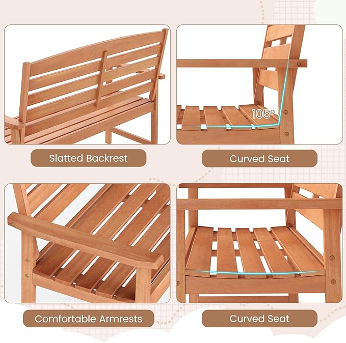 Tangkula Wooden Garden Bench, 2-Person Patio Loveseat with Slatted Backrest and Comfortable Armrests, Outdoor Bench for Porch, Backyard and Park, 530 lbs Weight Capacity