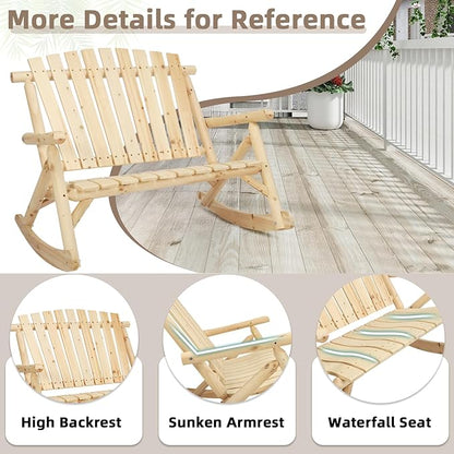 3-Piece Outdoor Wood Rocking Bistro Set, Rustic Wooden Conversation Set Including 2-Seater Loveseat, Log Rocker Chair and Coffee Table, Patio Furniture Chair Set for Lawn Yard Park, Natural