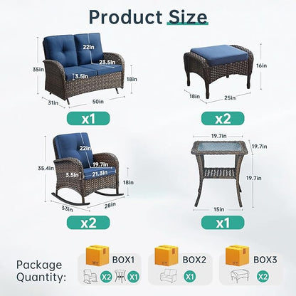 Patio Rocking Chair - 6 Peices Outdoor Wicker Rocker Porch Chair Set with A Rocking Loveseat, Tempered Glass Side Table, and 2 Ottoman, Rattan Seating for Balcony Garden Brown/Blue