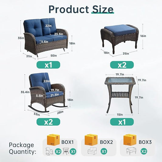 Patio Rocking Chair - 6 Peices Outdoor Wicker Rocker Porch Chair Set with A Rocking Loveseat, Tempered Glass Side Table, and 2 Ottoman, Rattan Seating for Balcony Garden Brown/Blue