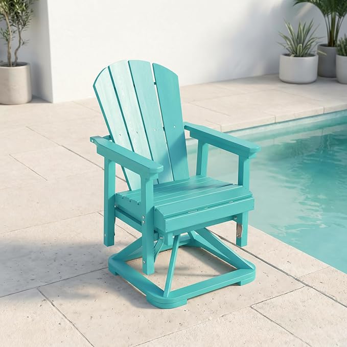 HDPE Swivel Glider Chair Outdoor, Weather Resistant Adirondack Outside Rocking Chair, Wooden Textured Outdoor Swivel Chair for Porch, Balcony, Poolside, Backyard (Aruba Blue)