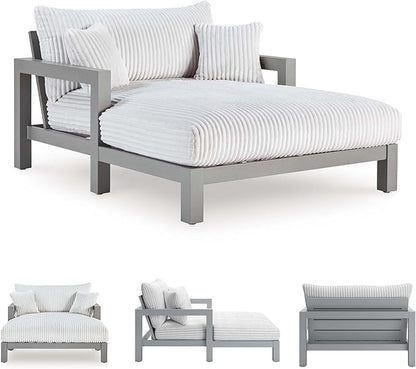 Signature Design by Ashley Moonlight View Contemporary Nuvella Weather Resistant Fabric Outdoor Chaise Lounge with Zippered Removable Cushions and Throw Pillows, Light Gray & Beige