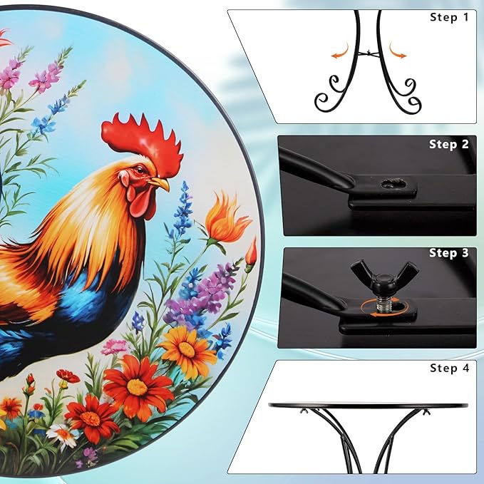 Outdoor Side Table, 18" Rooster Round Accent Table, Metal Indoor Small End Tables, Plant Stand Tables for Patio Yard Balcony Garden Bedside