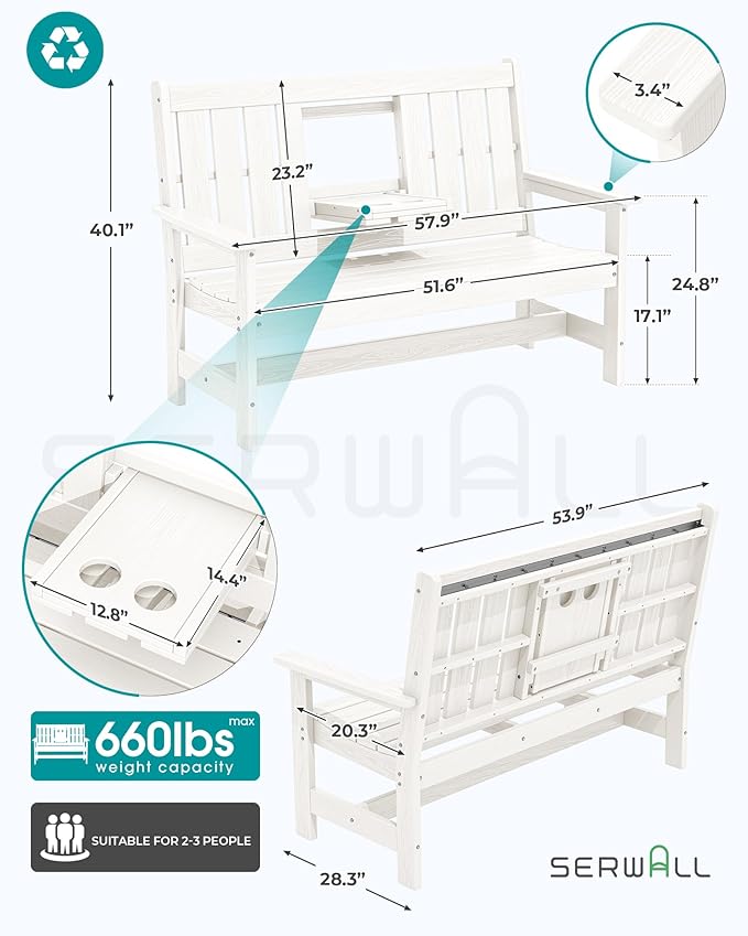 SERWALL Outdoor Bench with Cup Holder, 58" HDPE Garden Park Bench Suitable for 3 Person - Photo 2