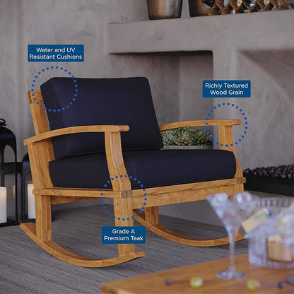 Modway Marina Outdoor Patio Teak Rocking Chair in Natural Navy