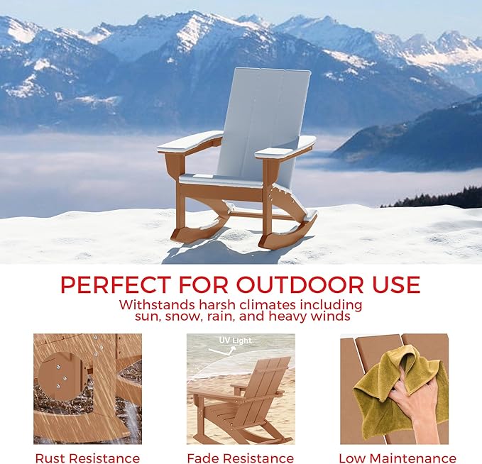 Costaelm Outdoor Adirondack Chair, All Weather Resistant Lawn Chairs Balcony Chair and Fire Pit Chairs, Patio Chair Outdoor Porch Rocking Chair High Back HDPE Poly Lumber, Teak