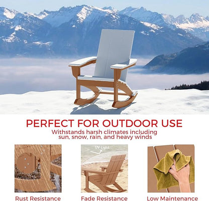 Costaelm Outdoor Adirondack Chair, All Weather Resistant Lawn Chairs Balcony Chair and Fire Pit Chairs, Patio Chair Outdoor Porch Rocking Chair High Back HDPE Poly Lumber, Teak