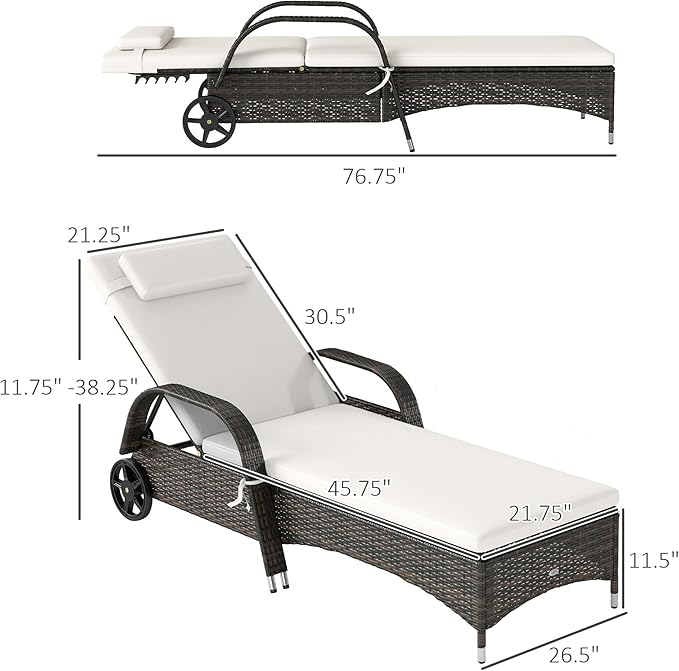 Outsunny Wicker Outdoor Chaise Lounge Set of 2, 5-Level Adjustable Backrest PE Rattan Pool Lounge Chair with Wheels, Cushion & Headrest, Mixed Brown and Cream White