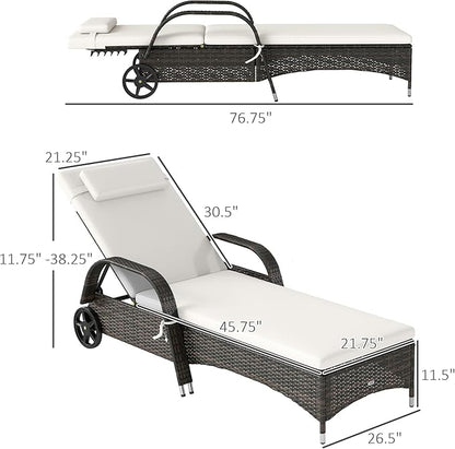 Outsunny Wicker Outdoor Chaise Lounge Set of 2, 5-Level Adjustable Backrest PE Rattan Pool Lounge Chair with Wheels, Cushion & Headrest, Mixed Brown and Cream White