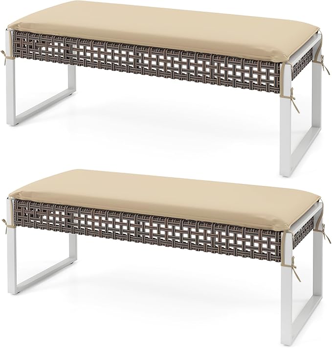 HAPPYGRILL Patio Rattan Loveseat Bench Ottoman, 43 Inch Outdoor Seat with Metal Legs & Seat Cushion, Wicker Footstool Seating Furniture for Backyard, Poolside, Front Porch (2)
