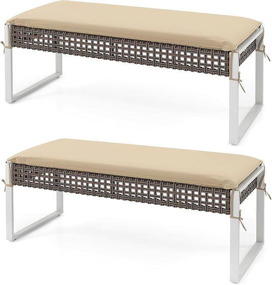 HAPPYGRILL Patio Rattan Loveseat Bench Ottoman, 43 Inch Outdoor Seat with Metal Legs & Seat Cushion, Wicker Footstool Seating Furniture for Backyard, Poolside, Front Porch (2)