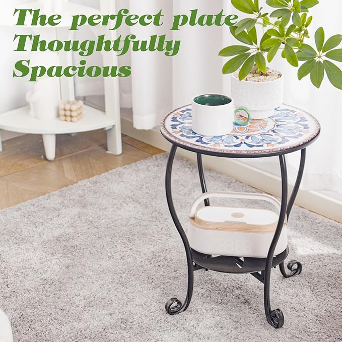 Outdoor Side Table Mosaic Patio Small End Table Metal Coffee Tea Accent Table for Patio Living Room Bedroom Yard Porch Garden (Blue Little Flower)