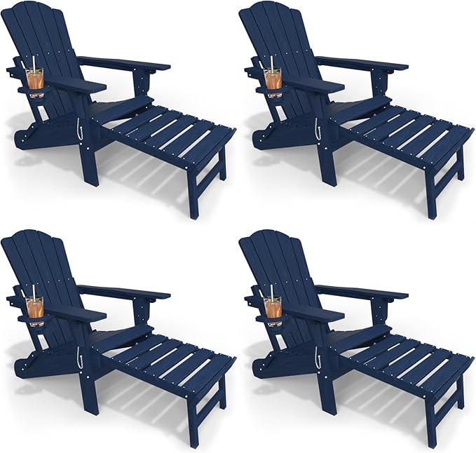 Adjustable Adirondack Chairs with Retractable Ottoman Set of 4, HDEP Folding Adirondack Chair with Footrest & Cup Holder, All Weather Fire Pit Chair for Outdoor,Navy Blue