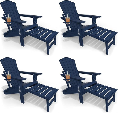Adjustable Adirondack Chairs with Retractable Ottoman Set of 4, HDEP Folding Adirondack Chair with Footrest & Cup Holder, All Weather Fire Pit Chair for Outdoor,Navy Blue