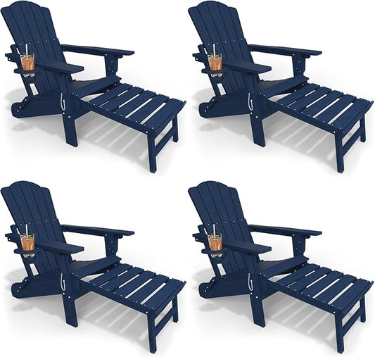 Adjustable Adirondack Chairs with Retractable Ottoman Set of 4, HDEP Folding Adirondack Chair with Footrest & Cup Holder, All Weather Fire Pit Chair for Outdoor,Navy Blue