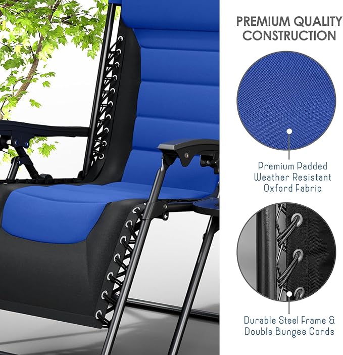 Nestl Outdoor Padded Zero Gravity Chair, Patio Lounge Chair Outdoor Recliner, Oversized Anti Gravity Lounger with Adjustable Headrest and Cup Holder, Foldable for Camping, Yard - Black/Blue