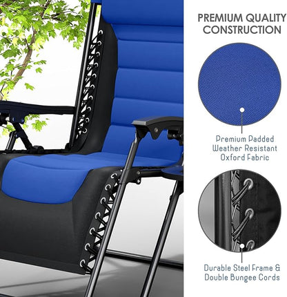 Nestl Outdoor Padded Zero Gravity Chair, Patio Lounge Chair Outdoor Recliner, Oversized Anti Gravity Lounger with Adjustable Headrest and Cup Holder, Foldable for Camping, Yard - Black/Blue