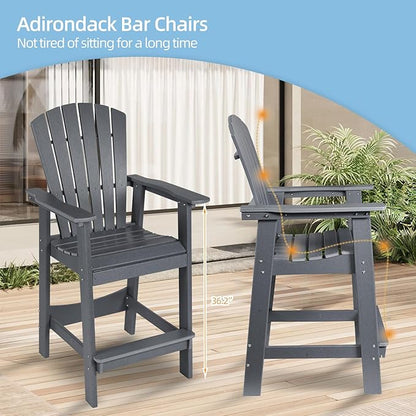 Aoodor Tall Adirondack Chairs Set of 2,HDPE Patio Bar Stool with Connecting Tray,All-Weather Balcony Chair for Outdoor Backyard, Garden, Yard - Gray