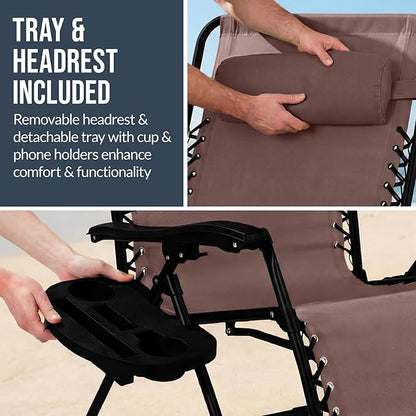Best Choice Products Set of 2 Extra Wide Adjustable Steel Mesh Zero Gravity Lounge Chair Recliners w/Pillows and Cup Holder Trays - Brown