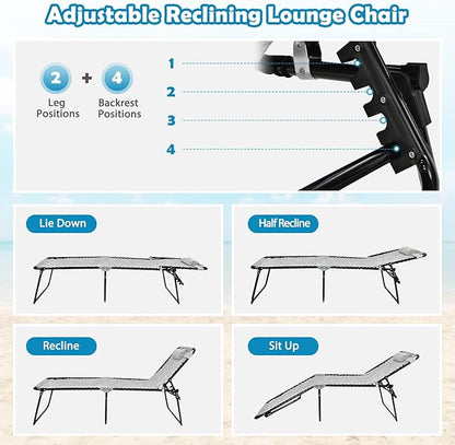 Tangkula Widen Folding Chaise Lounge Chair Set of 2, Portable Camping Recline Chair w/4 Backrest Positions, 2 Leg Positions, Sunbathing Beach Chair for Outdoor, Lawn, Patio, Support 400lbs (2, Grey)