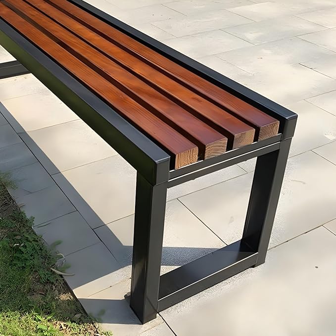 LITFAD Mid-Century Metal Park Bench in Black with Waterproof Wood Seating Gym Rest Bench Patio Bench for Outdoor Use - 47" L x 16" W x 18" H