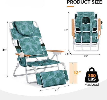 Bonnlo Deluxe 3-in-1 Beach Chair,Tanning Chair with Face Hole,Sunbathing Lounge Chair Outdoor,Adjustable Footrest,Cup Holder and Storage Pocket,Beach Lounge for Beach Pool Patio-Leaf
