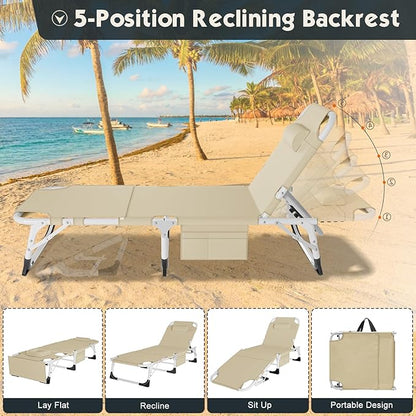 MOPHOTO Oversized Beach Lounge Chair, 5-Position Adjustable Tanning Chair with Face Hole, Heavy Duty Folding Chaise Lounge for Beach, Pool, Patio & Sunbathing