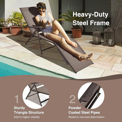 Giantex Patio Lounge Chair Foldable Chaise Lounger, Outdoor Sunbathing Chair W/ 5-Position Backrest, 2-Position Footrest, Steel Frame, Portable Recliner for Yard, Lawn Tanning Pool Chairs (2, Brown)