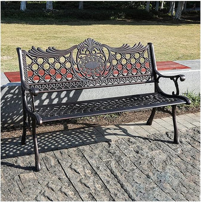 Outdoor Bench Chair Cast Aluminum Park Bench Large All Weather Metal Garden Bench for Backyard Porch Lawn (130cm Bronze Bench)