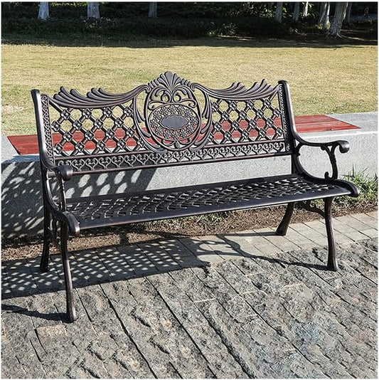 Outdoor Bench Chair Cast Aluminum Park Bench Large All Weather Metal Garden Bench for Backyard Porch Lawn (130cm Bronze Bench)