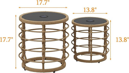 Lovinouse Rattan Round Side Table Set of 2, Small Circle Desk with Solar Lights and Tempered Glass Top,Weather-Resistant Wicker for Patio, Small Coffee End Table for Outdoor Living, Patio,Natural