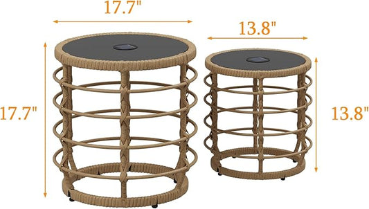 Lovinouse Rattan Round Side Table Set of 2, Small Circle Desk with Solar Lights and Tempered Glass Top,Weather-Resistant Wicker for Patio, Small Coffee End Table for Outdoor Living, Patio,Natural