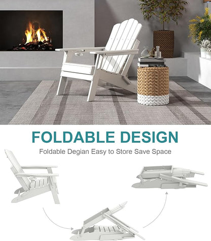 FOOWIN Adirondack Chair Set of 2, Folding HDPE Patio Chairs with Cup Holder, 400LBS Heavy Duty Outdoor Chairs for Fire Pit, Porch, Deck, Garden, Weather Resistant, White