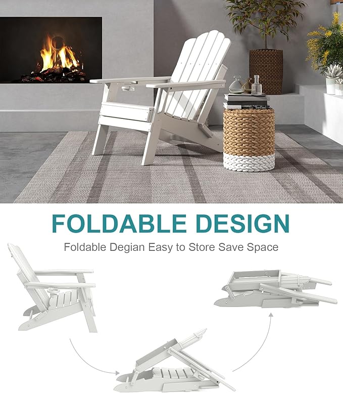 FOOWIN Adirondack Chair, Folding HDPE Patio Chair with Cup Holder, 400LBS Heavy Duty Plastic Outdoor Chair for Fire Pit, Porch, Balcony, Deck, Weather Resistant,White