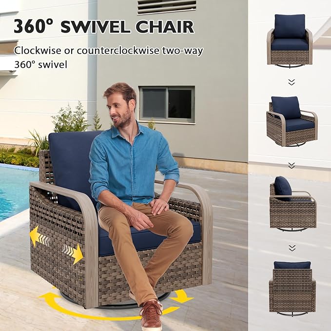 EAGLE PEAK Modern Wicker Outdoor Glider Rocking Chair, Swivel Rocker, Rattan Patio Furniture for Yard Deck Porch Garden, 2 Chairs 2 Ottomans, 4 Piece, Brown/Blue
