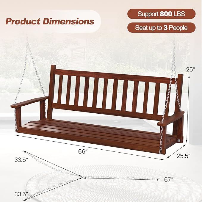 Tangkula 3 Person Wooden Porch Swing, Hanging Patio Swing with 2 Adjustable Galvanized Metal Chains, Slatted Back & Seat - Photo 7