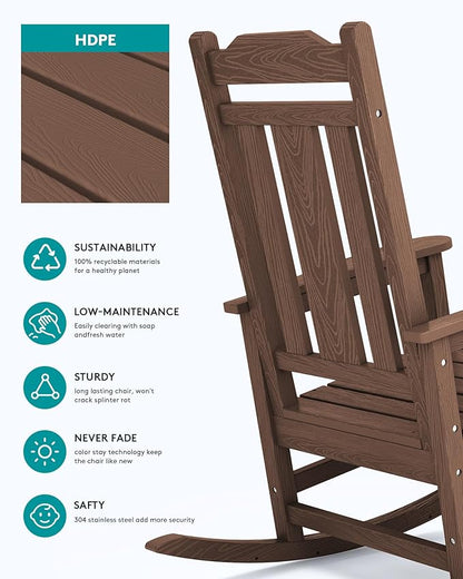 SERWALL HDPE Outdoor Rocking Chairs for Adults, Outdoor Rocking Chairs Set of 6, Patio Rocking Chair Sets, Coffee