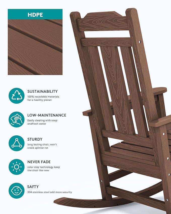 SERWALL Oversized Rocking Chair, HDPE Outdoor Rocking Chair, Patio Rocking Chair Sets for Adults, Coffee