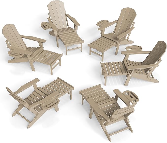 FOOWIN Adirondack Chair with Retractable Ottoman,HDPE Folding Adjustable Adirondack Chair w/4 in 1 Cup Holder Trays,All-Weather Resistant Fire Pit Chair for Outdoor Patio Lawn Set of 6