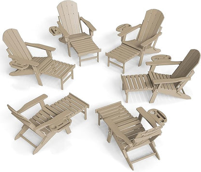 FOOWIN Adirondack Chair with Retractable Ottoman,HDPE Folding Adjustable Adirondack Chair w/4 in 1 Cup Holder Trays,All-Weather Resistant Fire Pit Chair for Outdoor Patio Lawn Set of 6