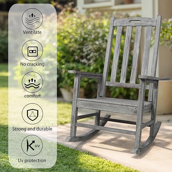 Wooden Rocking Chair Outdoor, Ergonomic High Back Patio Rocking Chairs, Porch Rocker for Backyard/Lawn/Patio/Garden/Balcony/FirePit/Indoor (Light Gray-1)