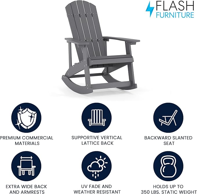 Flash Furniture Savannah Poly Resin Wood Adirondack Rocking Chair - All Weather Gray Polystyrene - Stainless Steel Hardware