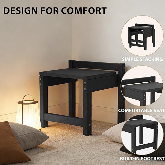 Stackable HDPE Foot Stool - All-Weather Indoor/Outdoor Seating for Patio, Living Room & Bathroom, Waterproof Windproof Heavy-Duty High-Density PE Step Stool, 4 Sets, Black