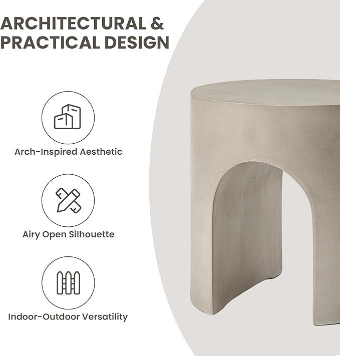 COSIEST Grey Outdoor Side Table, 15.7" Modern Concrete End Table with Arched Open for Patio, Small Round Outside Accent Table & Plant Stand for Garden, Porch, Deck, Balcony