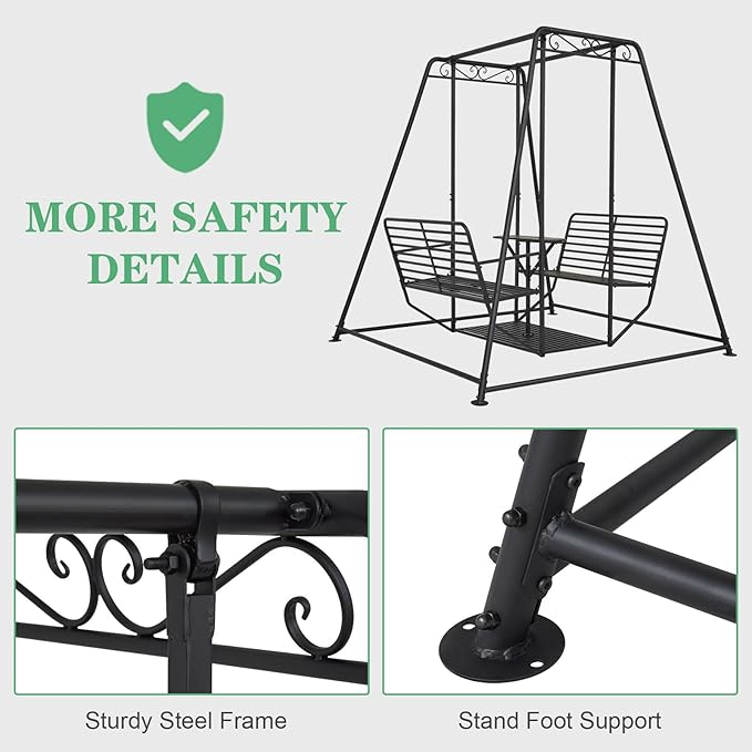87”H Metal Swing Chair w/Table, Heavy Duty Outdoor Swing Bench with Stand, 4-Seat Swingsets for Patio Garden Yard, 880 LBS Weight Capacity, Easy Assembly, Black