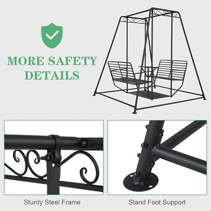 87”H Metal Swing Chair w/Table, Heavy Duty Outdoor Swing Bench with Stand, 4-Seat Swingsets for Patio Garden Yard, 880 LBS Weight Capacity, Easy Assembly, Black