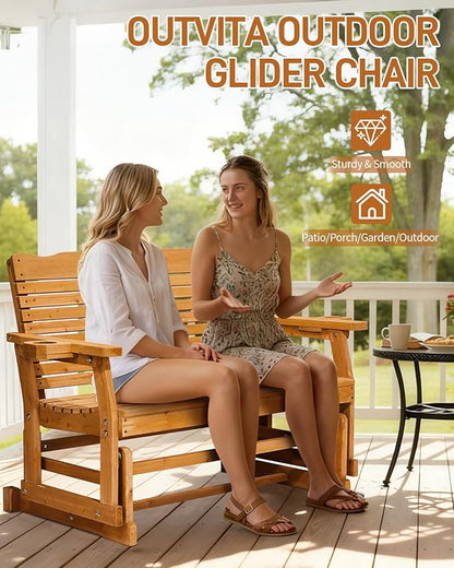 Outvita Patio Glider with Cup Holders, Wooden Outdoor Glider Bench with High Roll Back & Deep Contoured Seat, Smooth Porch Glider Loveseat Heavy Duty 800 Lbs, Teak Brown
